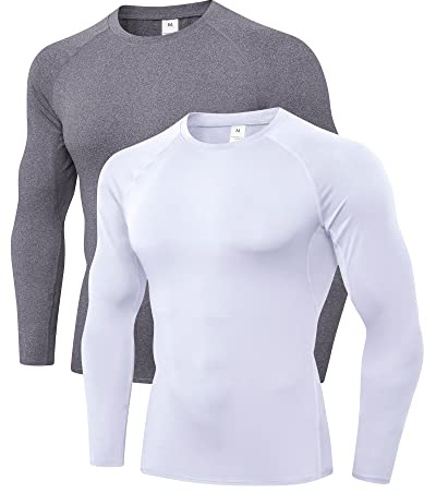 LNJLVI 2 Piezas Hombres Camiseta de Entrenamiento de compresión de Manga Larga para (Bianco-Gris,XXL)