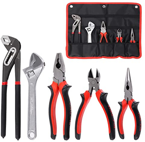 Swpeet 5Pcs Pliers Set con Kit de la Bolsa de Almacenamiento, Incluyendo Lengüeta y Ranura Pliers, Bomba de Agua, Nariz Larga, Corte Diagonal, Pinzas de Bloqueo, Llave Ajustable y Linesman Plie