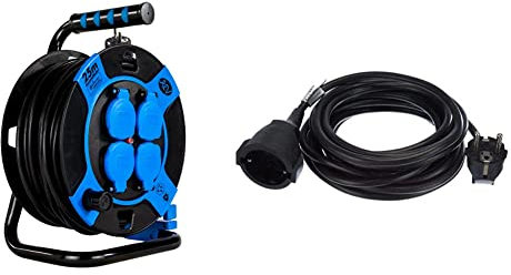 REV Kabeltrommel, IP44, Outdoor, 4 Schutzkontaktsteckdosen, 25m, schwarz & 0016050514 Verlängerung, Verlängerungskabel mit Winkelstecker 5m, 3680W, schwarz