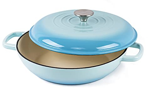 AILIBOO Forno olandese in ghisa smaltata, pentola da forno olandese con coperchio, pentola rotonda in ghisa con rivestimento smaltato antiaderente per la cottura del pane, forno olandese blu graduato
