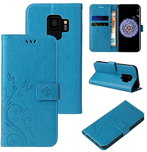 LBH Handy Hülle für Samsung Galaxy S9 Case Handytasche Schmetterling Blumen Flower Standfunktion Schutzhülle Magnet Rundum Schutz 360 Grad Flipcase Cover Blau