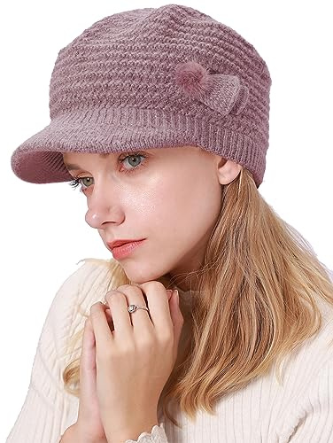 CheChury Strickmütze Damen Barett Winter Fleece Mütze Warme Frauen Grobstrick Wintermützen Mütze mit Shirm Baskenmütze Winter Damen Beaniemütze mit Schirm Wollmütze Damen Schirmmütze