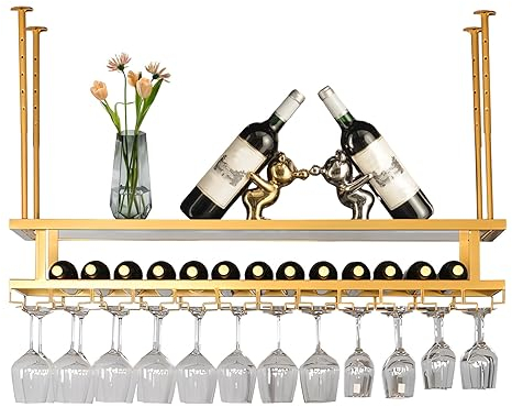 LIGUOYI Weinglashalter, Weinglasregal Decke Stabil 60~200CM 3 Schichten, Umgekehrter Weinglashalter Breite Und Höhe Verstellbar, Für Familie Restaurant Hotel Bar, Gold Weinglasregal Hängende