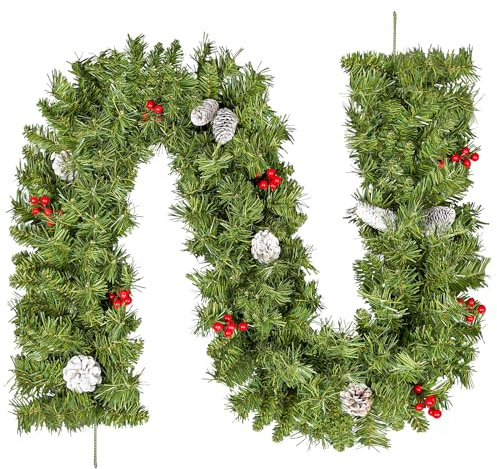 himaly 180 cm/6 ft Weihnachtsgirlande mit 8 Weiß Tannenzapfen, 8 Roten Beeren, Künstliche Grün Girlanden aus PVC, Weihnachtliche Rattan Hängetreppe Fenster Kamin Wand Haustür Weihnachtsdekoration