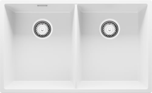 PRIMAGRAN Spülbecken Weiß 76x47cm, Granitspüle 2 Becken + Ablauf-Set, Küchenspüle ab 80er Unterschrank - London Twin Slim S002