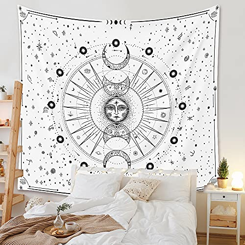 Arawat Wandteppich Mondphasen Wandtuch Weiß Wandteppich Mond Wanddeko Psychedelic Teppich Gothic Wandteppiche Tapestry Trippy Wandtuch Wandbehang Wand Deko (150 x 200cm)