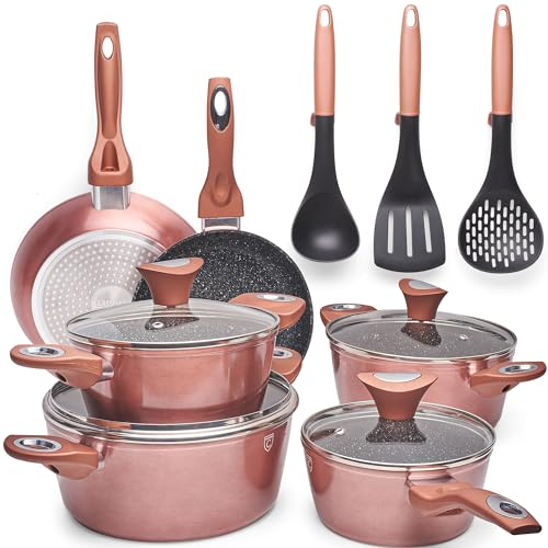 Pentole Induzione - Batteria Pentole e Padelle Antiaderente 15 Pezzi - Set Pentole per Piano Cottura a Induzione & Gas & Elettrico - Set Сasseruole da Cucina - Pentole Completo Impilabili Salvaspazio