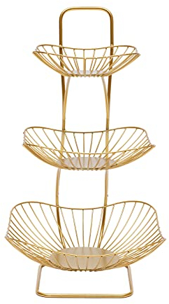 Brride Frutero de 3 niveles, frutero moderno, cesta de frutas de metal, soporte de frutas para verduras, frutas, aperitivos, cesta de frutas decorativa, color dorado