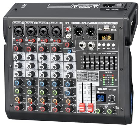 TKLBLS Audio Mixer, 6-Channel Professional DJ Mixer with 99-Bit DSP Effects, 7-Band EQ, 48V Phantom Power, MP3/Computer Input - Studio Audio Mixing Console for Recording & Live Performances