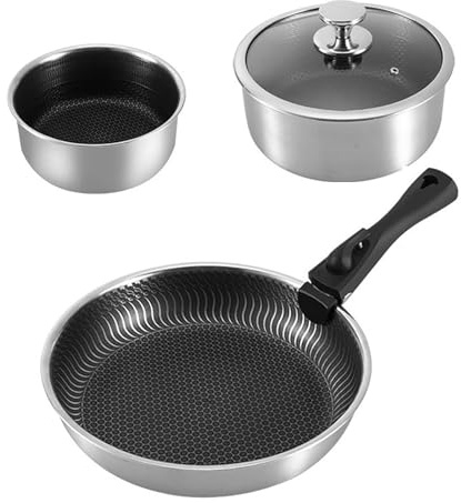FAIRE Camping Topf und Pfannen-Set, Gehäuse aus Edelstahl, Kleine Camping Kochgeschirr, mit Aufbewahrungstasche, Geeignet für alle Herde (Abnehmbarer Griff)