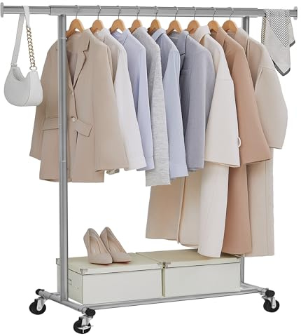 SONGMICS Stand Appendiabiti con Ruote, Attaccapanni Estensibile per Carichi Pesanti, Portata Totale 100 kg, 45 x (92-132) x 161,5 cm, Facile da Montare e Spostare, Grigio Tortora HSR013G01