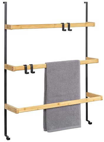 eluno Tür-Hängeregal aus Metall und Bambus, Tür-Handtuchhalter mit 3 Handtuchstangen, 4 praktischen Haken, zum Einhängen ohne Bohren (Schwarz)