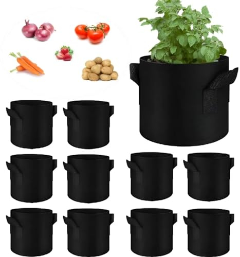 Pflanzsäcke aus Vliesstoff -2Gallonen 7L 10 Stück Schwarz Ø20cm Höhe 20cm - Wiederverwendbarer Pflanzbeutel Kartoffelsack mit Griff für Gemüsebeet, Blumen und Pflanzen