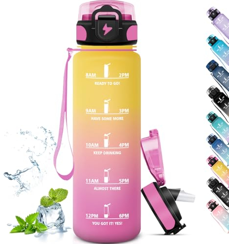 Grsta Borraccia Palestra per Adulti, Bottiglia con Cannuccia Senza Perdite, Borraccia Motivazionale con Scala Temporale, Plastica 1 Litro, per Sport, Trekking, Ciclismo, Campeggi