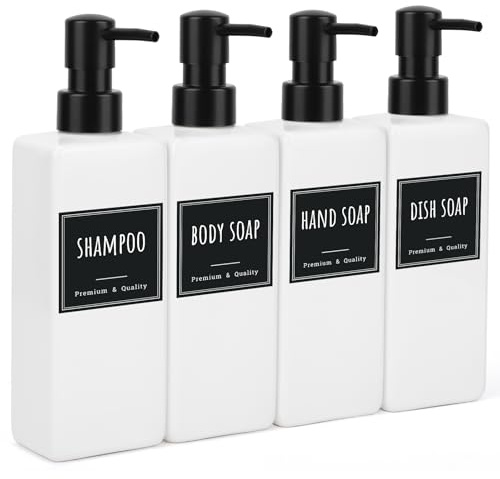 Segbeauty Dispenser Sapone Doccia, 4 Pezzi 500ml Dosatore Detersivo Piatti, Dispenser Bagnoschiuma in Plastica, Dosatore Sapone Cucina con Etichetta, per Cucina Bagno (Bianco)