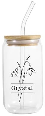 Grovjewfit Geschenke Für Frauen Freundin Mädchen Peraonalisierte Trinkglas Mit Namen Text Geburtsblumen Glasbecher Geburtstagsgeschenk Kollegen Gläser Trinkbecher Mit Deckel (Style 1)