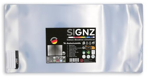 SIGNZ Buchschutzfolie, 26,5 x 54 cm, 15 + 1 Stück, transparent, sehr starke 140 my (0,14mm), glasklar, CO2-neutral hergestellt, made in Germany