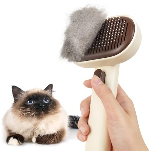aumuca Kattborste, husdjursborste, hundborste för långt hår och kort hår, katt- och hundskötborste, design med en knapptryckning, snabbrengöring av borsten