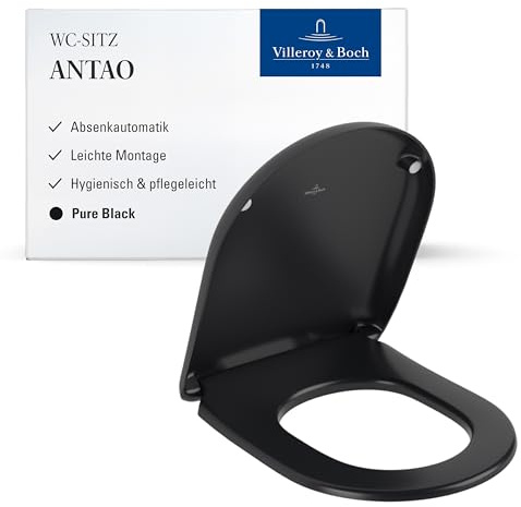 Villeroy & Boch Siège de WC Antao avec fermeture automatique - Abattant D en plastique thermodurcissable, amovible e incassable - Pièce de rechange d'origine - Noir pur, mat