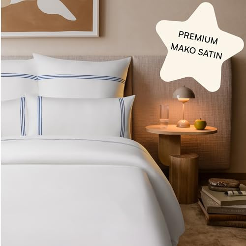 Amqua Mako Satin Kopfkissenbezug 40x80 Baumwolle (2er Set) Weiß| Satin Kissenbezug 80x40 Blaue Streifen| 40x80cm Kissenbezug weich wie Seidenkissenbezug 40 x 80|Rhea