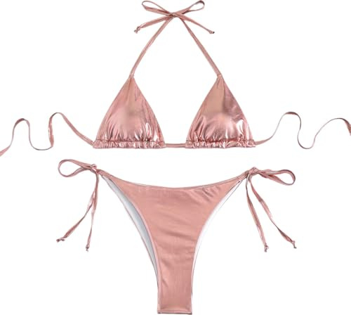 THSCWY Dam metallisk bikini grimma topp tvådelad baddräkt slips sida triangel bikini med vadderad champagne