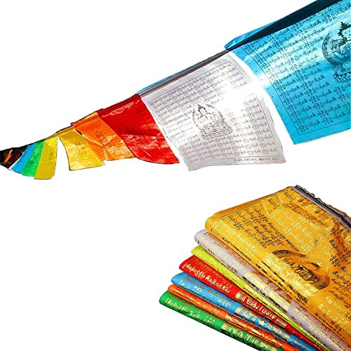 PAAWBW Bandiere di Preghiera tibetane, Bandiere di Preghiera del Nepal, Bandiera del Cavallo del Vento in Carattere Dorato Fatto a Mano di Guanyin Mantra, 17,5 Piedi × 21 Bandiere Lungta(White)