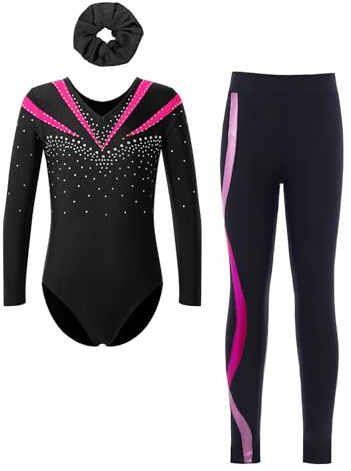Alvivi 3 Stück Mädchen Turnanzug Glitzer Gymnastikanzug mit Hose Haarband Langarm Gymnastik Leotard Turntrikot Wettbewerb Tanzkostüm