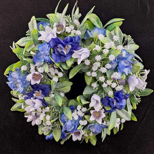 Handgefertigter Tischkranz mit Schleierkraut und Rittersporn, 30 cm, Violett-Blau-Rosa