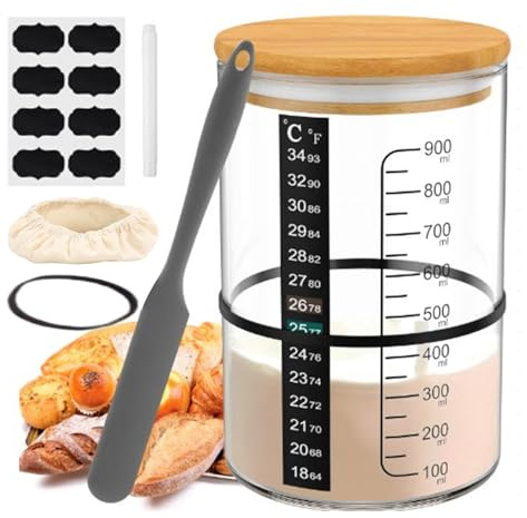 Tarro - Juego de fermentación reutilizable para hornear | Tarro de inicio de fermentación reutilizable para hornear pan de masa madre con medidor de temperatura