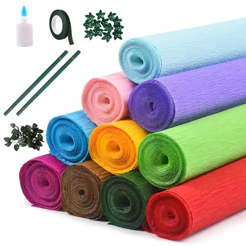 YOFAPA Rollos de papel crepé, 10 colores, calidad italiana, 180 g, hojas extra largas para hacer flores, papel para manualidades