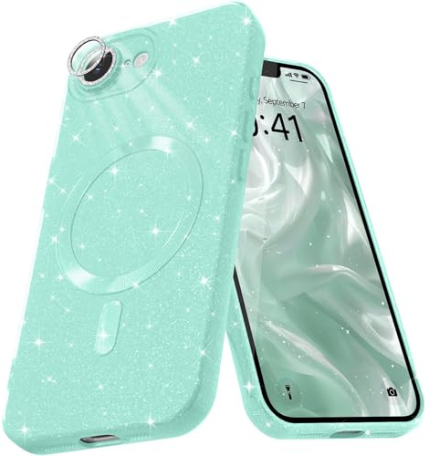 Micoden Magnetiskt fodral för iPhone 16e Glitter Wireless Charging Stötsäkert Skyddshölje för Kamera Glitter Silikon TPU Mjukt Silikon, Grön 2
