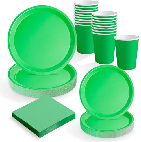 MAXI PRODUCTS - Set Vajilla Desechable Fiesta 20 Personas Verde - 114 piezas - Vasos Cartón 270 cc + Platos Cartón Ø17 y Ø20,5 cm + Servilletas Papel 25x25 cm - Menaje para Cumpleaños y Eventos