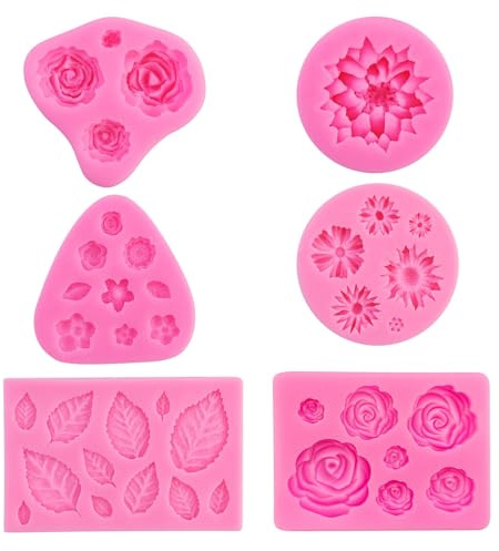 EMMALOUISESMITH 6 stycken 3D-silikonform blommor och blad, ljus silikonformar för dekoration, ljusformar silikonblommor, livsmedelskvalitet ljusform, för kakor, choklad