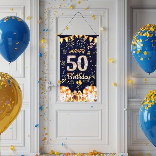 50 Geburtstagsbanner,50.Geburtstag Banner Schwarz Gold,50 Geburtstag Deko mit Stange,Happy Birthday Banner,Verwendet,um Geburtstagsfeier Hintergrund zu Dekorieren 53 x 30cm