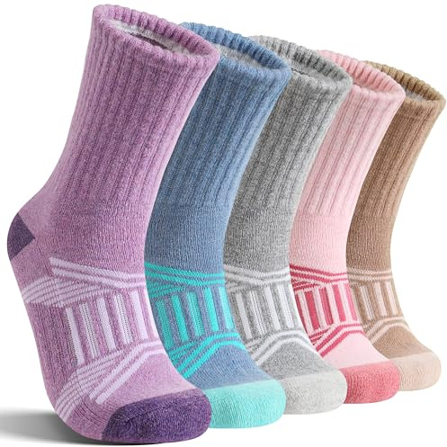 EBMORE Womens Merino Wool Hiking Socks Thermal Warm Winter Boot Crew Cushion Work Gift Socks 5 Pairs(Pink/Purple/Light Gray/Khaki/Blue,L)