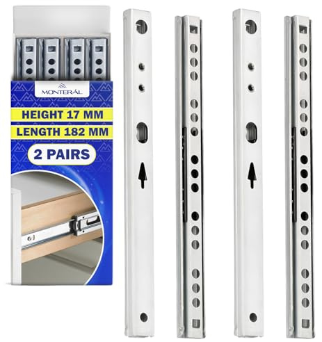 2 Pares Guias Correderas para Cajones con Rodamiento de Bolas 182 mm x H 17 mm - Rieles para Cajones Telescópicas Tienen una Extensión Parcial de 125 mm - Garantía de 10 Años - MONTERAL