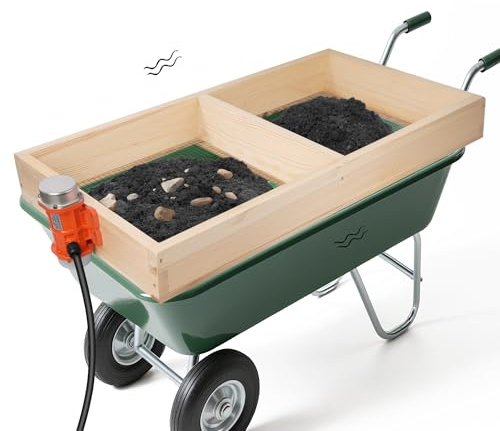 TlEBOLA Soil Sifter with 40W Adjustable Vibration Motor and Dual Mesh Sizes, 39 x 19.5 Wooden Automatic Compost Sieve for Dirt, Sand -Two Built-in Screens (0.47 & 0.24) Fit Most Wheelbarrows
