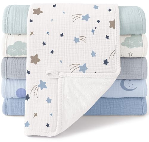Bearmoss Moltontücher Baby 100% Baumwolle Weiche Spucktücher Baby,Saugstark Mulltücher 6er Pack 50x25 cm für Jungen Mädchen (Blauer Blockdruck)