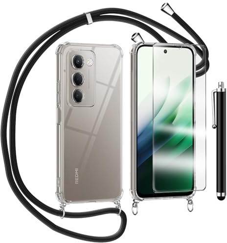 TTSWJBD Coque pour Xiaomi Redmi 15 avec Verre Trempé Protection écran Cordon de Collier Réglable Chaîne Antichoc Transparente Silicone Lanyard Case, Housse Étui de Protection - Noir