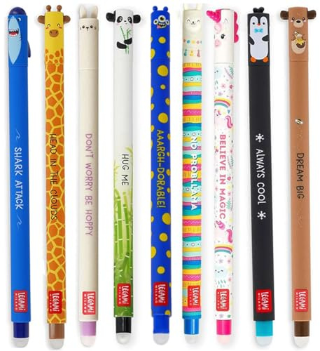 LEGAMI 9er Set radierbare Gelstifte mit neuem Monster Stift Stifteset mit Hai, Giraffe, Bunny, Panda, Lama, Einhorn, Pinguin, Teddy und MONSTER