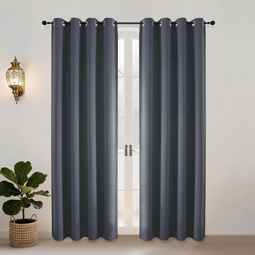 Simplebrand Ava Grey Blackout Eyelet Curtains for Living Room 183 cm Length 2 Panels Set, Solid Thermal Insulated Energy Saving Grommet Window Treatment Curtains Black Out Drapes, W 140 cm x L 183 cm