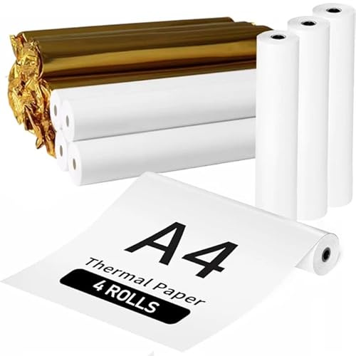 A4 Thermal Paper 210x297mm 4 Rolls, A4 Thermal Printing Paper Compatible with Phomemo M832/M834 Portable Printers, Suitable for Photos, Invoices, and Contracts (20 Sheets/Roll)