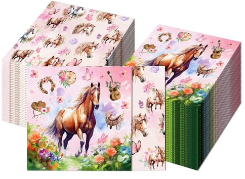 Ovanda 20 Stück Pferde Servietten, Rosen Rennen Pferde Deko Geburtstag | Pferde Servietten Kindergeburtstag Deko, Ponys Dekos Geburtstag Mädchen,Ponys und Blumen,Tisch Dekoration,Einhorn Serviettens
