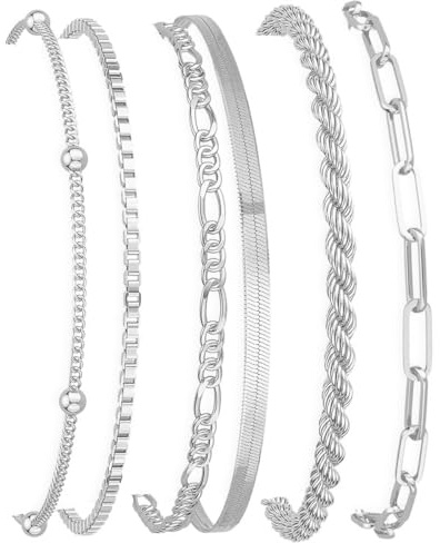 AIFUYUDM 6 Stück Armband Silber 925 Damen 14K Vergoldet Armbander Stapelarmbänder Edelstahl Figaro Perlen Ketten Armbänder Set Verstellbar Armband Schmuck Damen Geschenke für Frauen