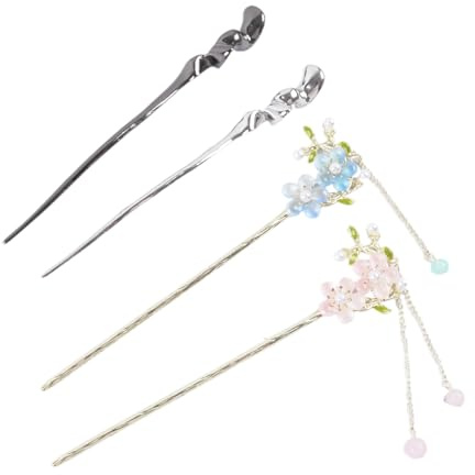 4 Stück Metall Haarstab, Chinesische Haarstäbchen, Elegant Und Retro Haarnadeln Groß, Blumenquasten Haarnadel, Hair Stick Kreieren Sie Eine Exquisite Frisur(Rosa, Blau, Schwarz, Silber)