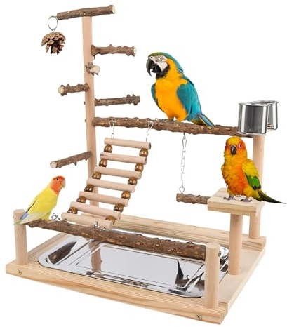 Zegaqae Stand de Juego para Aves,Parque de Juego de Madera,Soporte De Perchas para Aves con Tazón Y Bandeja De Acero Inoxidable | para Ejercicio de Cacatúa Conuro Pinzón Agapornis