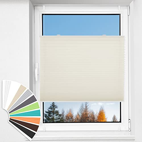 HOMEDEMO Plissee Klemmfix ohne Bohren Jalousien, Beige, 35x100cm(BxH), Plisseerollo Fensterrollo mit Klemmträger, Faltrollo Klemmrollo Sicht-und Sonnenschutz Rollos für Fenster & Tür