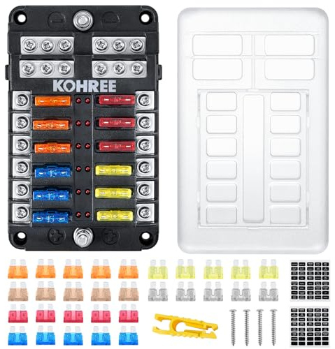 Kohree 12 Fach kfz Sicherungshalter 12 Volt, kfz Sicherungskasten 12V mit LED-Anzeige, 30 Sicherungen, Sicherungsclip, Aufkleber, Schrauben, 12V Fuse Block für Auto, Boot, Boot, Wohnmobil