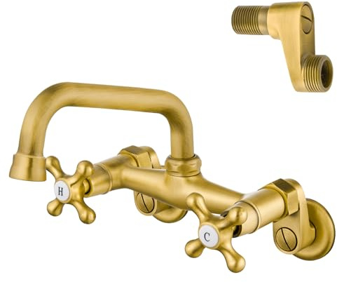 Airuida Antique Brass Tap for Kitchen Sink Wall Mounted Faucet 6 Inch(15cm) Spout Reach Adjustable Center Double Cross Handles 3 Inch to 9 Inch Hot and Cold Water Mixer Tap 360 Rotatable Faucet | 360° Rotatable,Adjustable Center,Double Cross Handle,Utility Sink Faucet