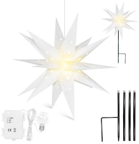 Qijieda 3D Weihnachtsstern Beleuchtet Außen Batterie mit Timer - 58cm led Weihnachtsstern für Fenster, Adventsstern Stern Zum Dekorieren von Innenhof, Balkon Und Garten